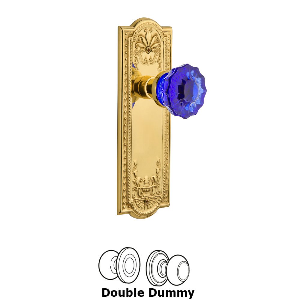 Nostalgic Warehouse - Double Dummy - Meadows Plate Crystal Cobalt Glass Door Knob in Polished Brass