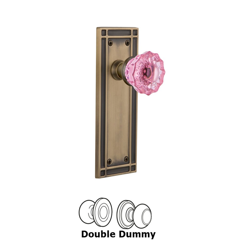Nostalgic Warehouse - Double Dummy - Mission Plate Crystal Pink Glass Door Knob in Antique Brass