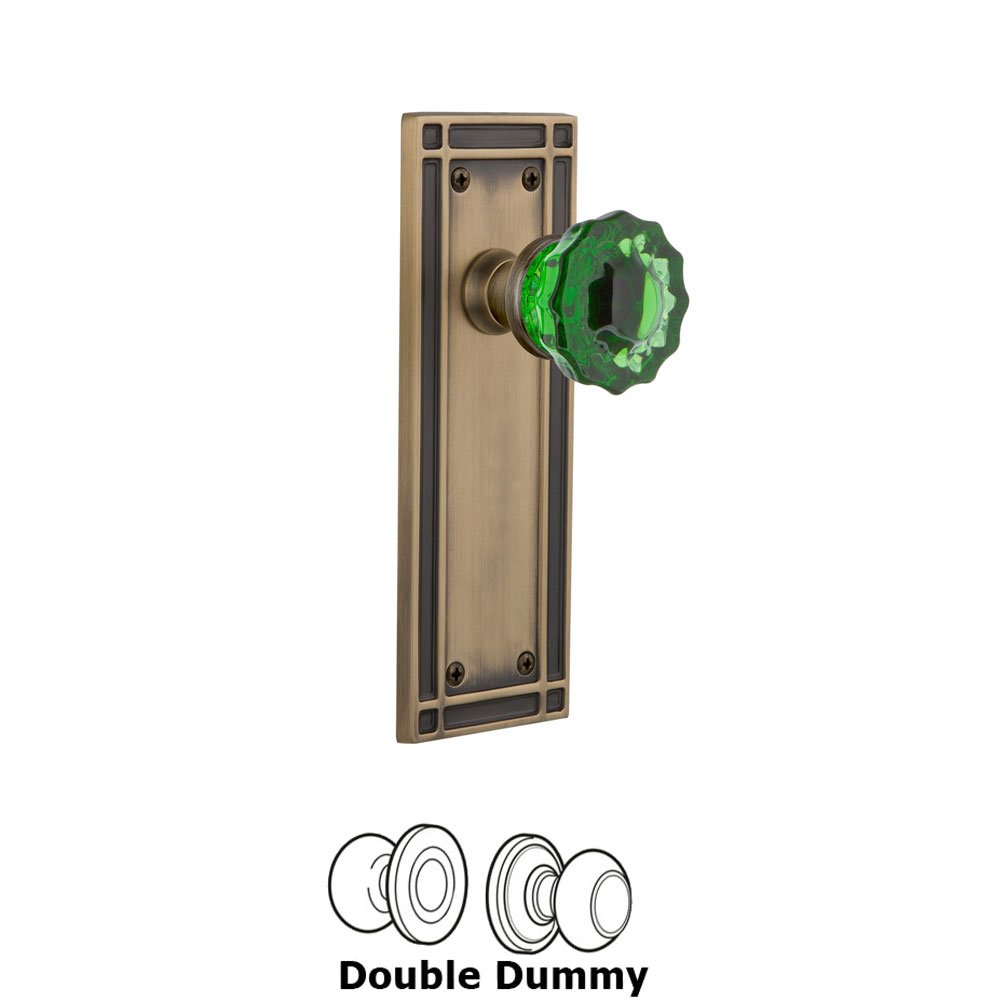 Nostalgic Warehouse - Double Dummy - Mission Plate Crystal Emerald Glass Door Knob in Antique Brass