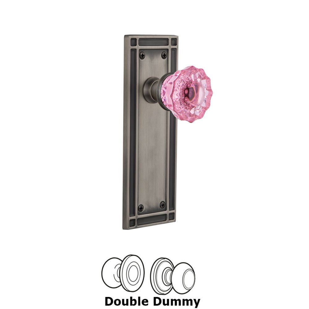 Nostalgic Warehouse - Double Dummy - Mission Plate Crystal Pink Glass Door Knob in Antique Pewter