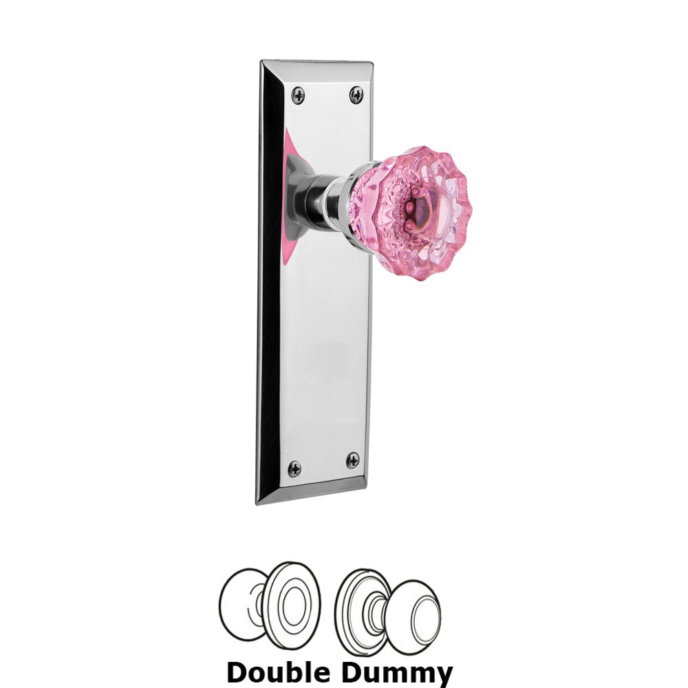 Nostalgic Warehouse - Double Dummy - New York Plate Crystal Pink Glass Door Knob in Bright Chrome