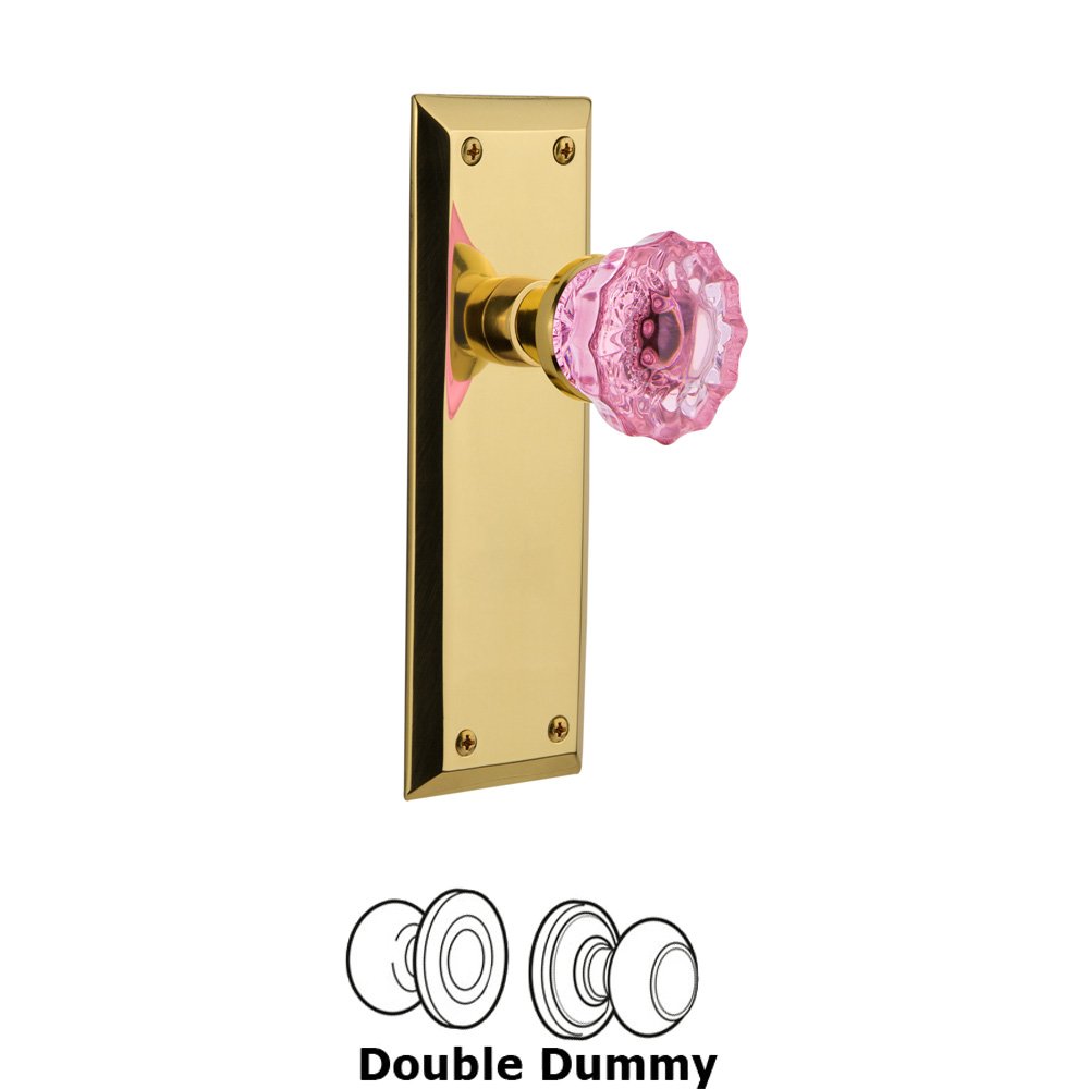 Nostalgic Warehouse - Double Dummy - New York Plate Crystal Pink Glass Door Knob in Polished Brass