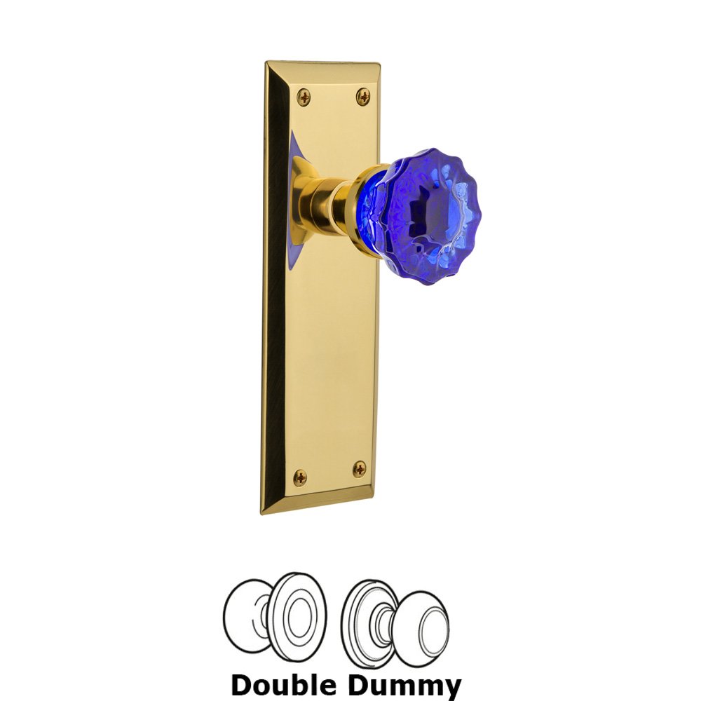 Nostalgic Warehouse - Double Dummy - New York Plate Crystal Cobalt Glass Door Knob in Polished Brass