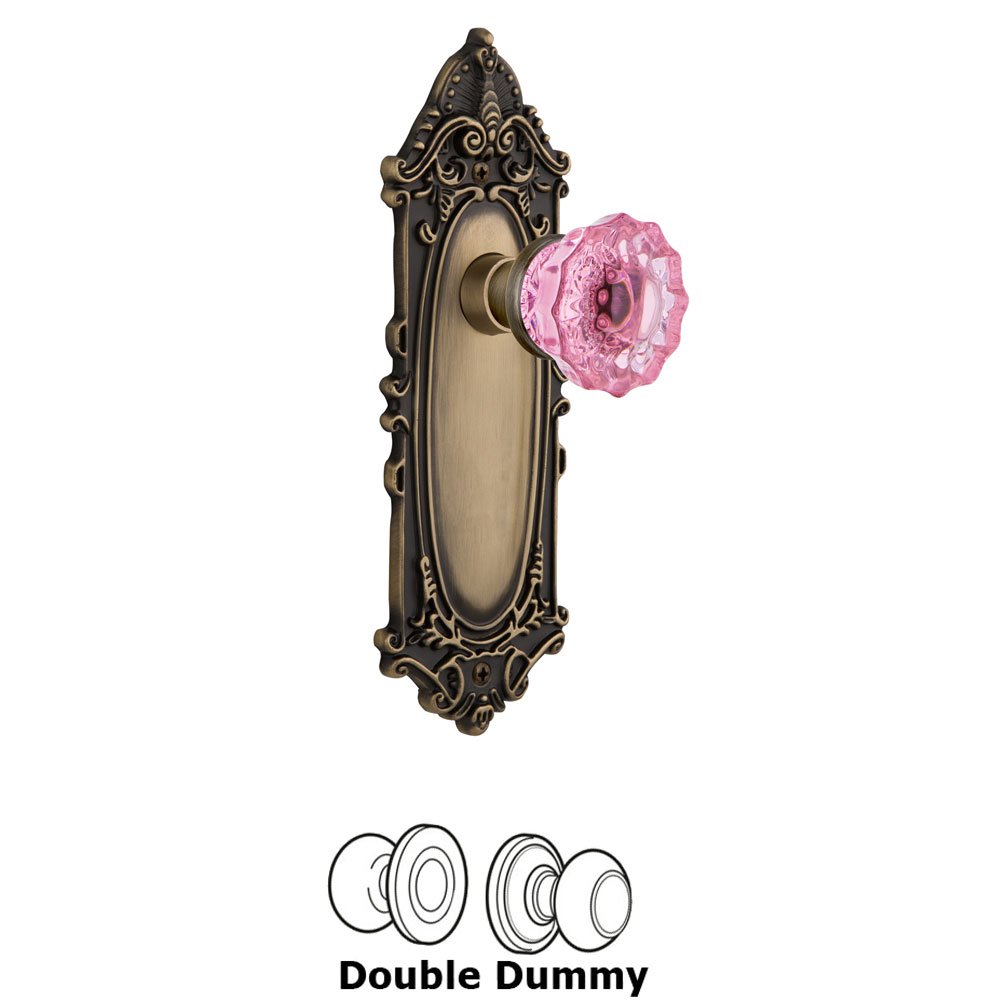 Nostalgic Warehouse - Double Dummy - Victorian Plate Crystal Pink Glass Door Knob in Antique Brass