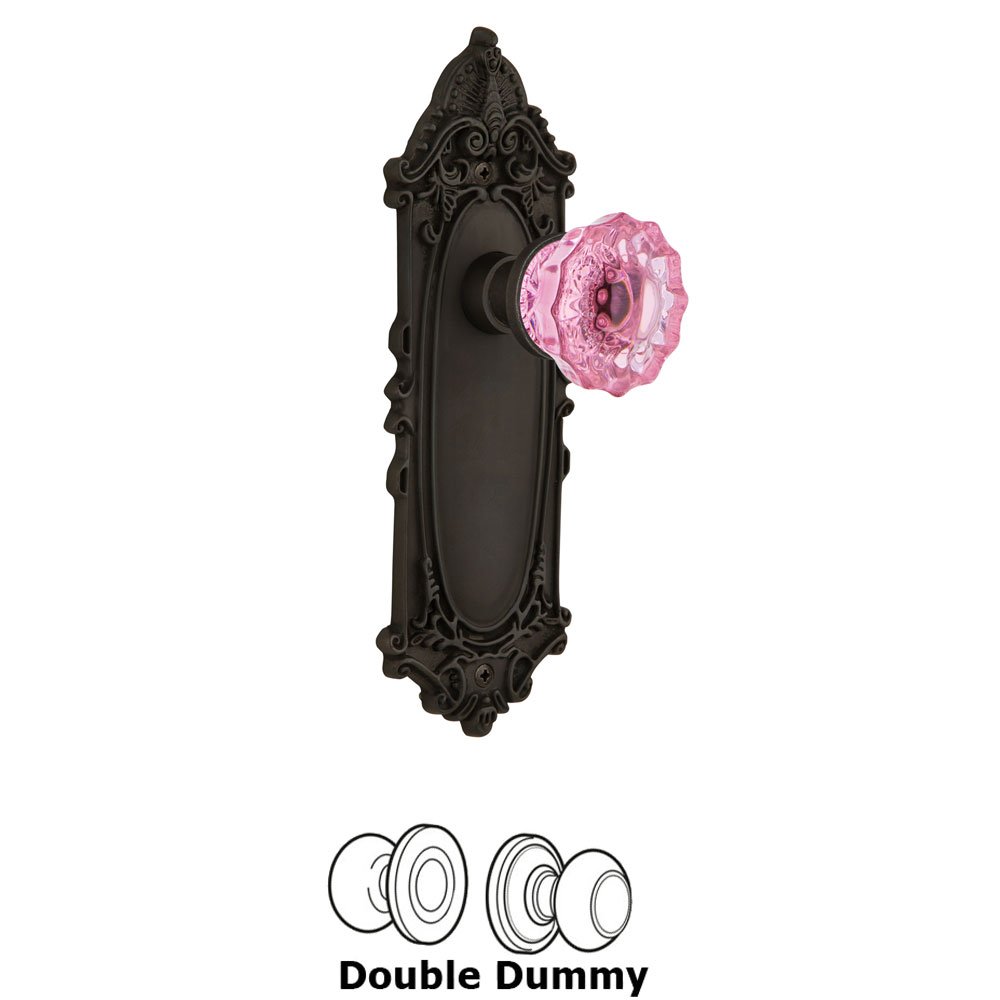 Nostalgic Warehouse - Double Dummy - Victorian Plate Crystal Pink Glass Door Knob in Oil-Rubbed Bronze
