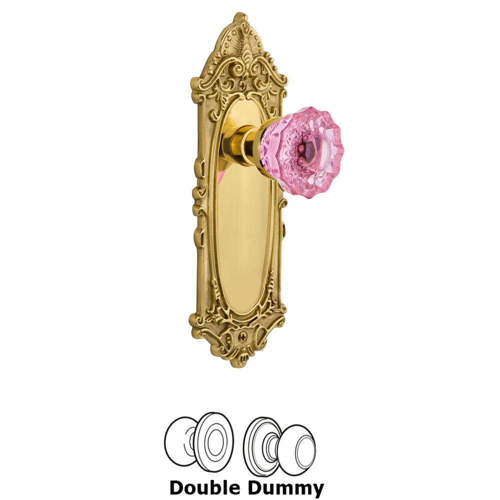 Nostalgic Warehouse - Double Dummy - Victorian Plate Crystal Pink Glass Door Knob in Polished Brass