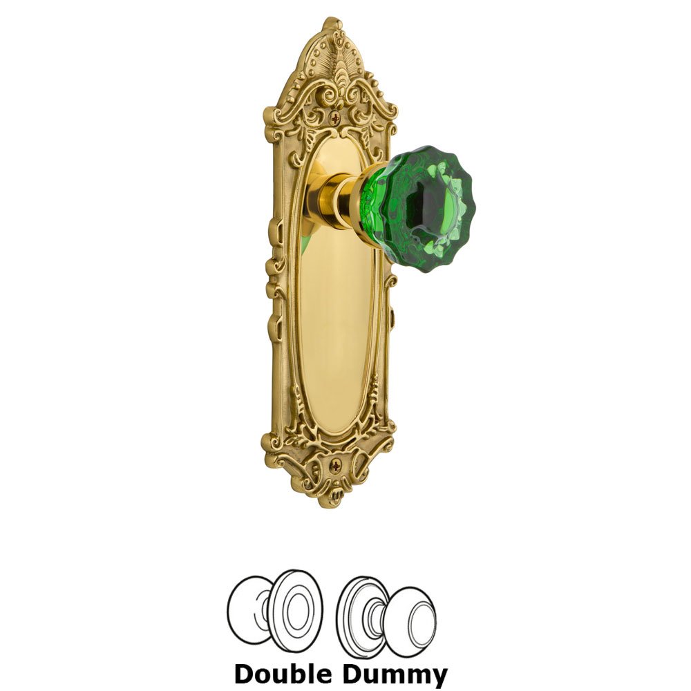 Nostalgic Warehouse - Double Dummy - Victorian Plate Crystal Emerald Glass Door Knob in Polished Brass