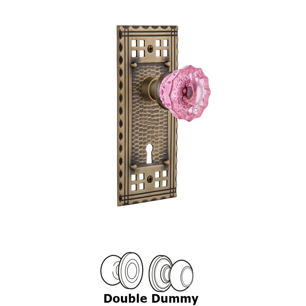 Nostalgic Warehouse - Double Dummy - Craftsman Plate with Keyhole Crystal Pink Glass Door Knob in Antique Brass