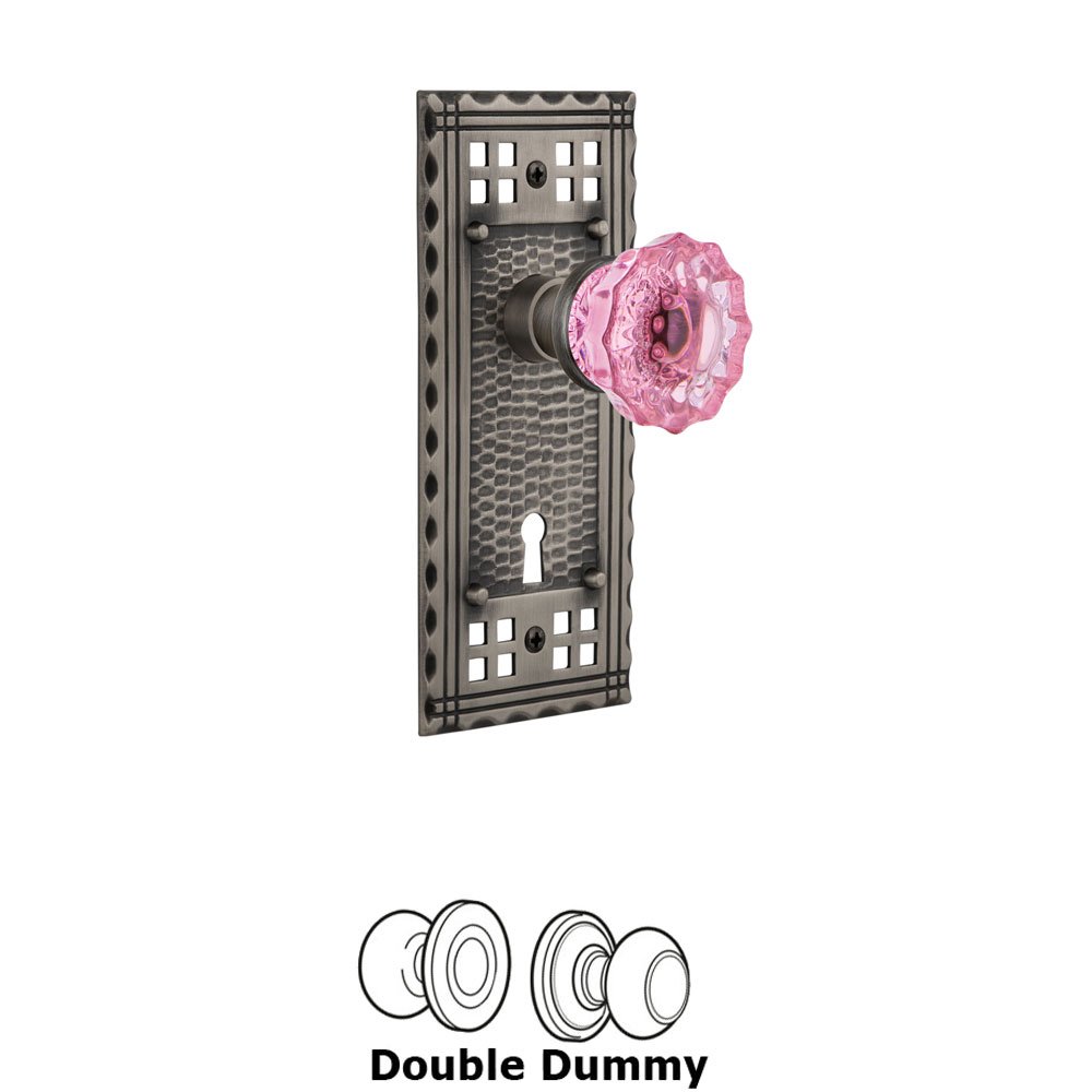 Nostalgic Warehouse - Double Dummy - Craftsman Plate with Keyhole Crystal Pink Glass Door Knob in Antique Pewter