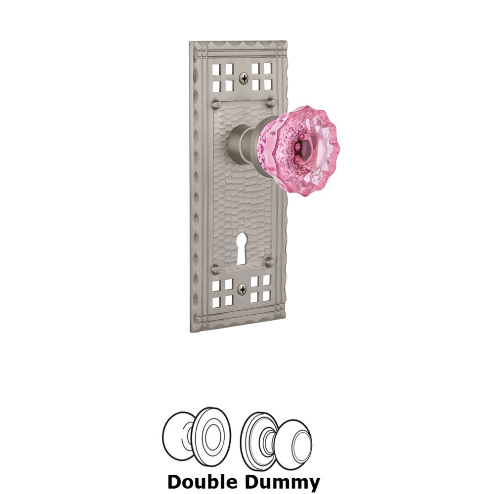 Nostalgic Warehouse - Double Dummy - Craftsman Plate with Keyhole Crystal Pink Glass Door Knob in Satin Nickel