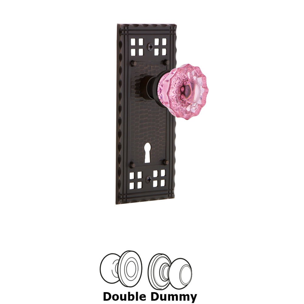 Nostalgic Warehouse - Double Dummy - Craftsman Plate with Keyhole Crystal Pink Glass Door Knob in Timeless Bronze