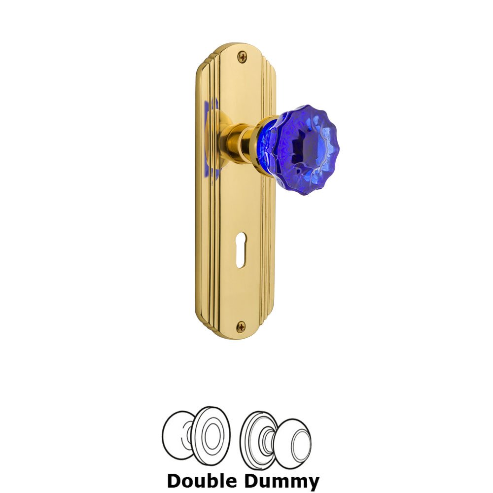 Nostalgic Warehouse - Double Dummy - Deco Plate with Keyhole Crystal Cobalt Glass Door Knob in Polished Brass