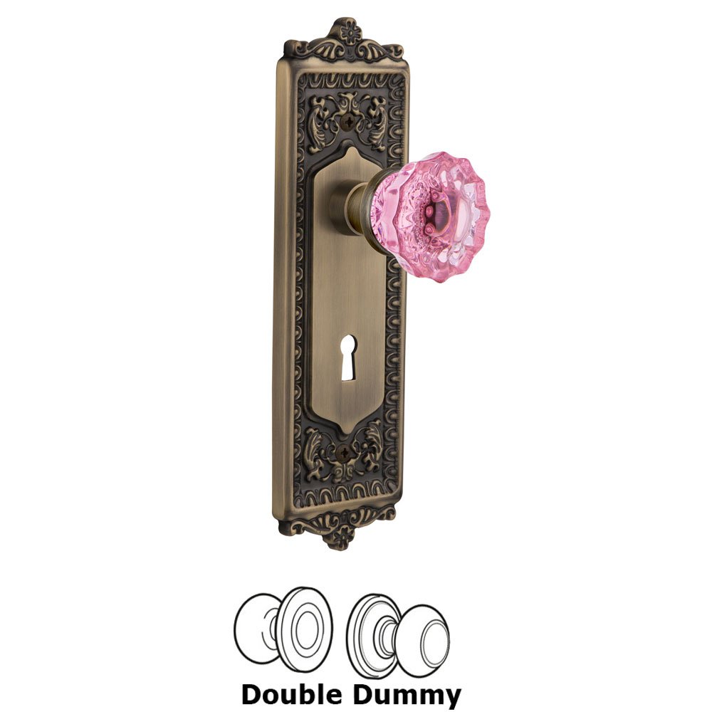 Nostalgic Warehouse - Double Dummy - Egg & Dart Plate with Keyhole Crystal Pink Glass Door Knob in Antique Brass