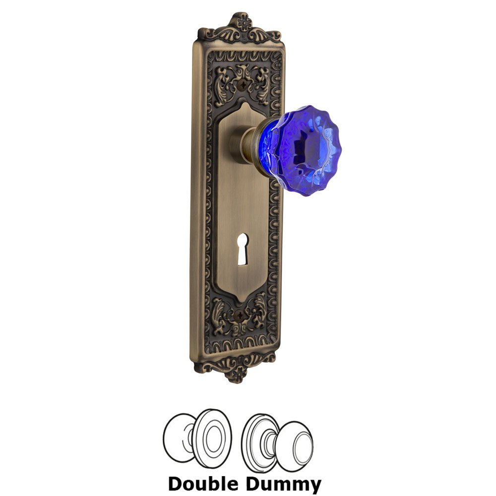 Nostalgic Warehouse - Double Dummy - Egg & Dart Plate with Keyhole Crystal Cobalt Glass Door Knob in Antique Brass