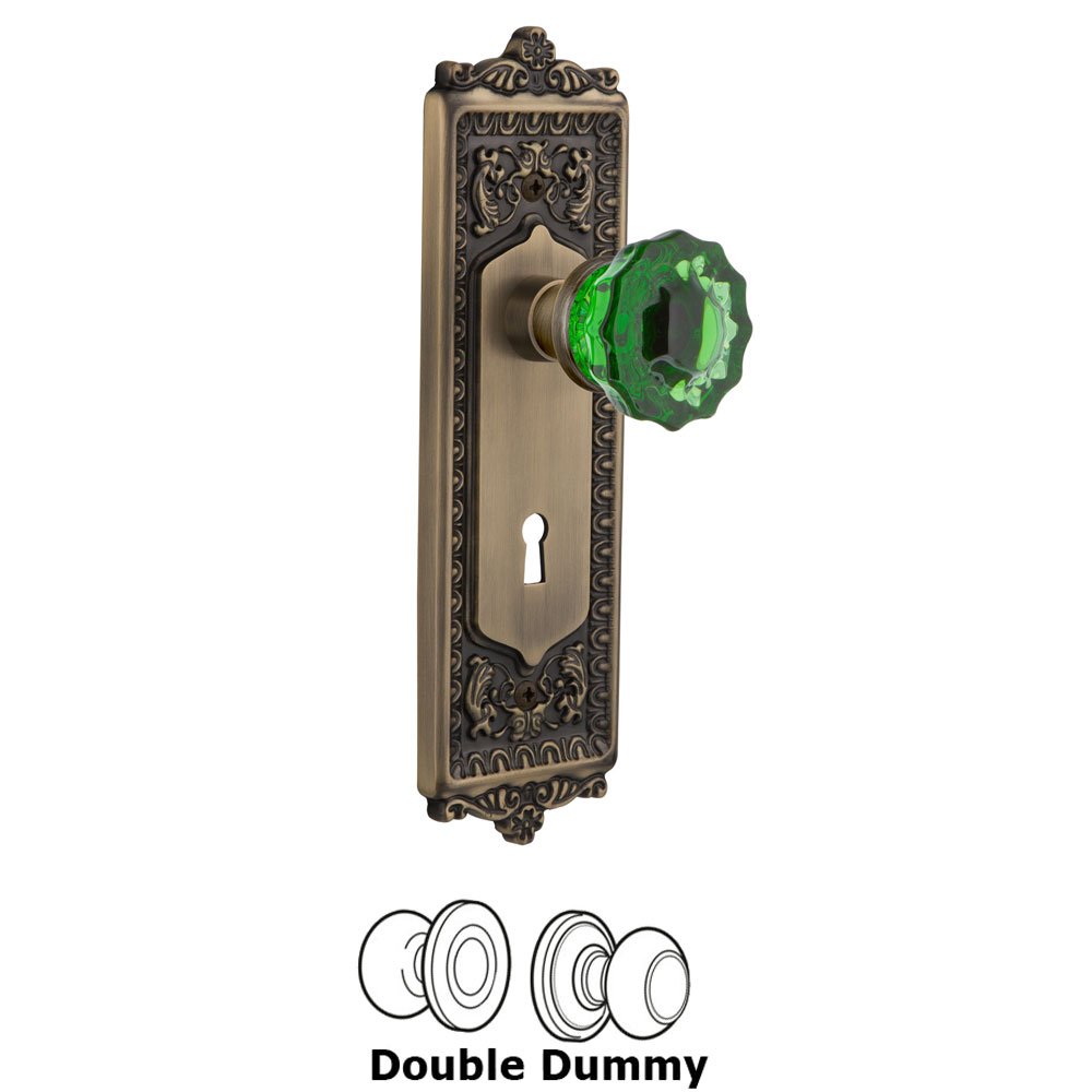 Nostalgic Warehouse - Double Dummy - Egg & Dart Plate with Keyhole Crystal Emerald Glass Door Knob in Antique Brass