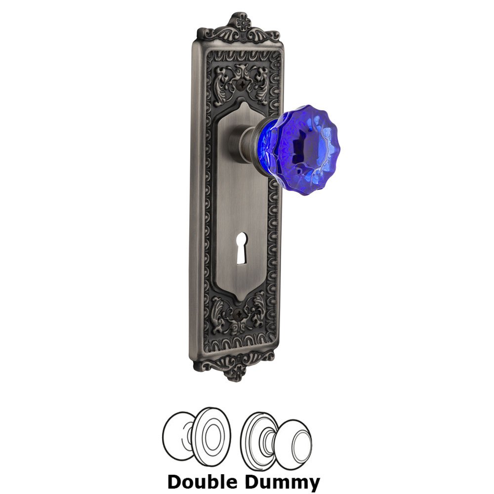 Nostalgic Warehouse - Double Dummy - Egg & Dart Plate with Keyhole Crystal Cobalt Glass Door Knob in Antique Pewter