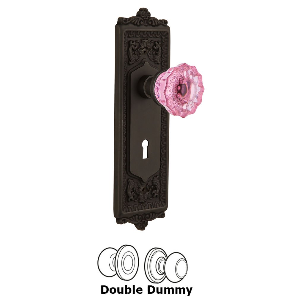 Nostalgic Warehouse - Double Dummy - Egg & Dart Plate with Keyhole Crystal Pink Glass Door Knob in Oil-Rubbed Bronze