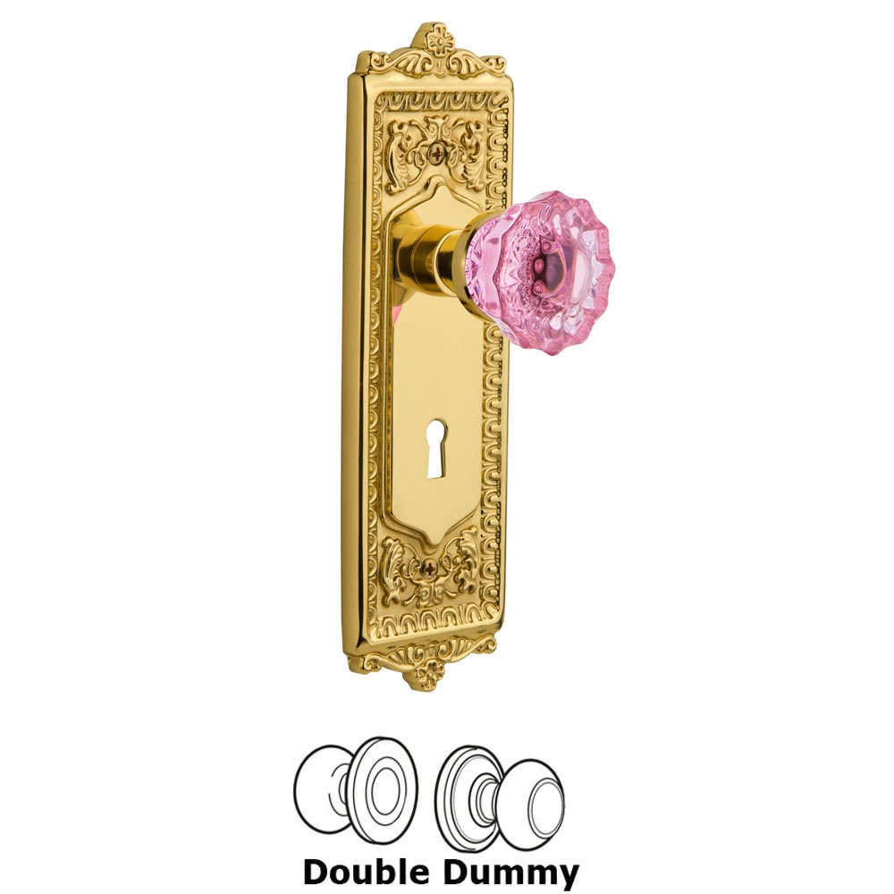 Nostalgic Warehouse - Double Dummy - Egg & Dart Plate with Keyhole Crystal Pink Glass Door Knob in Polished Brass