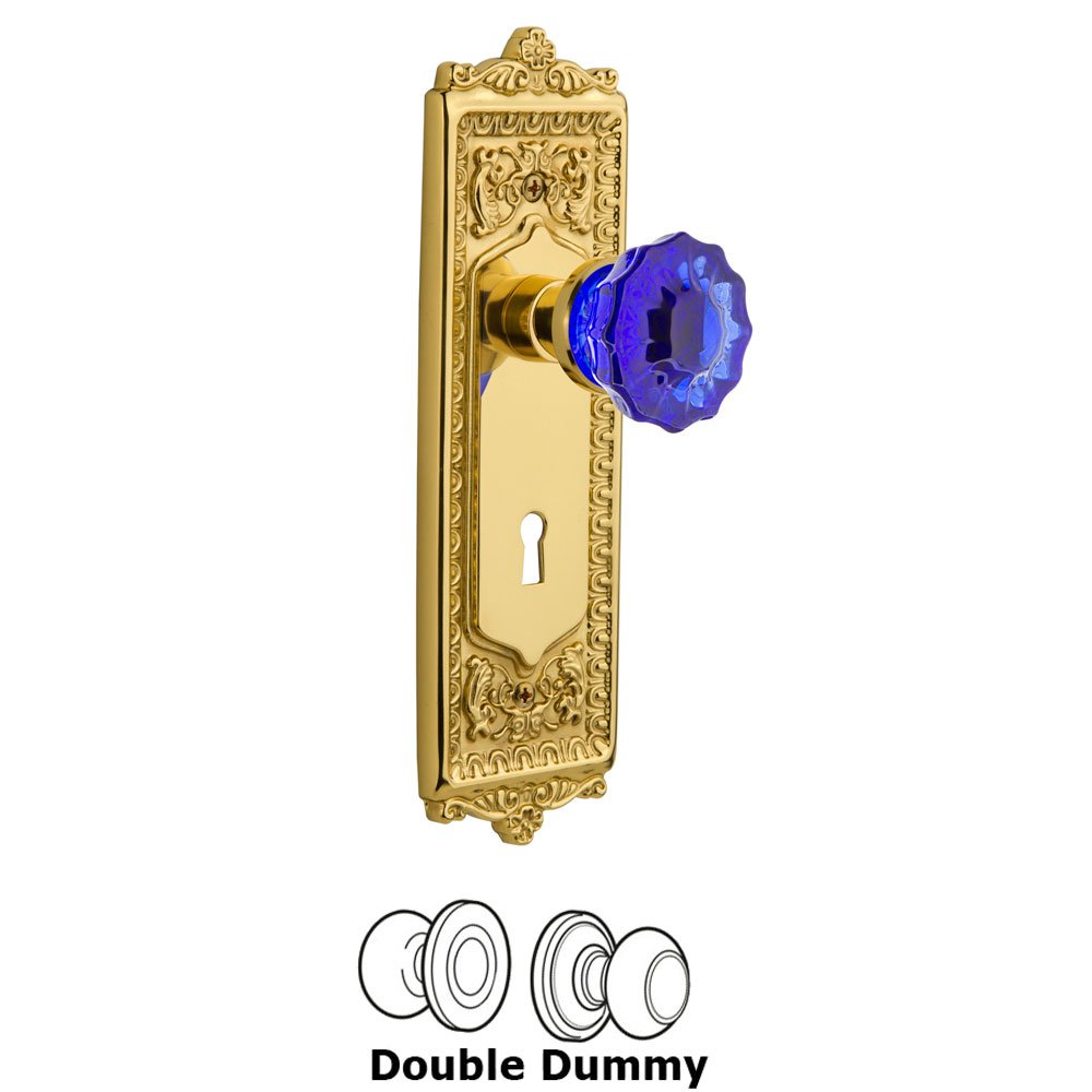 Nostalgic Warehouse - Double Dummy - Egg & Dart Plate with Keyhole Crystal Cobalt Glass Door Knob in Polished Brass