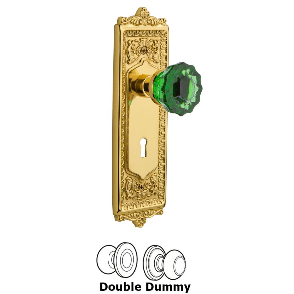 Nostalgic Warehouse - Double Dummy - Egg & Dart Plate with Keyhole Crystal Emerald Glass Door Knob in Polished Brass