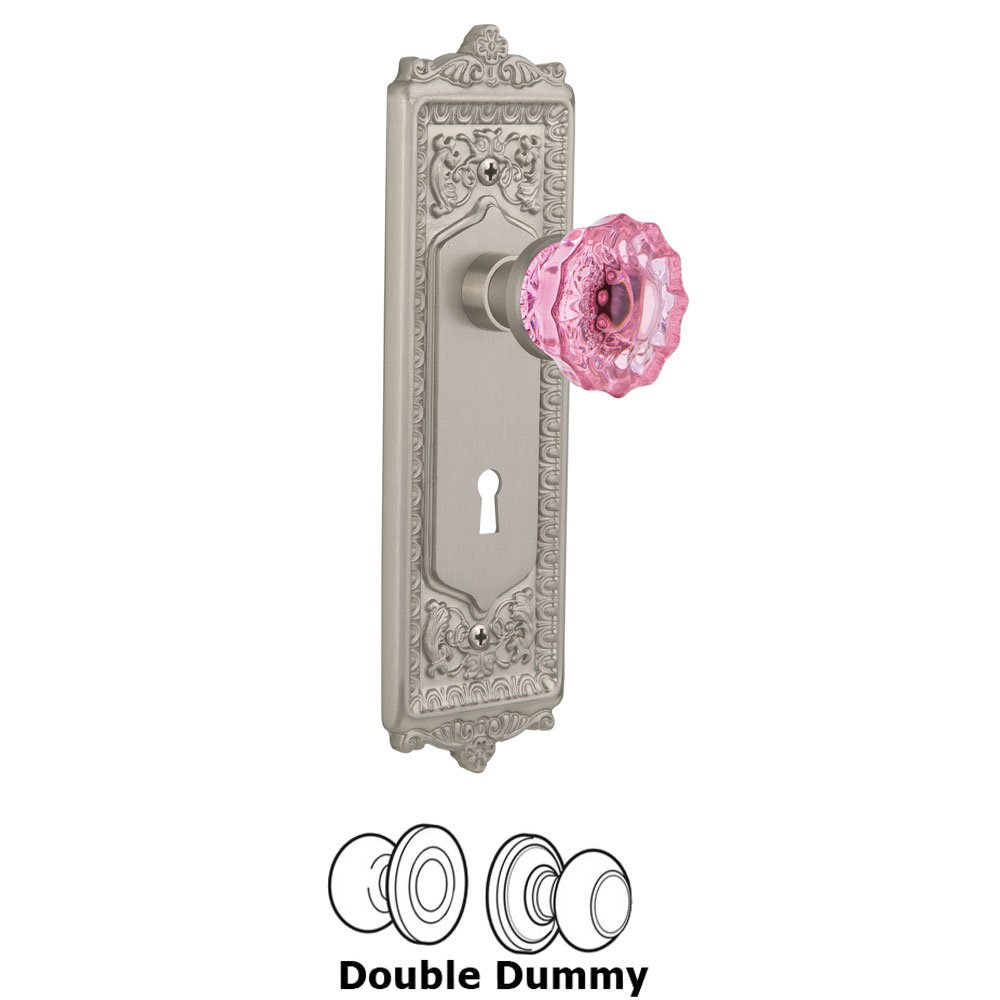 Nostalgic Warehouse - Double Dummy - Egg & Dart Plate with Keyhole Crystal Pink Glass Door Knob in Satin Nickel