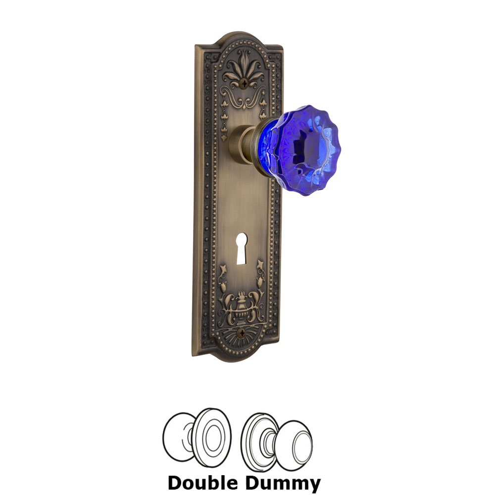 Nostalgic Warehouse - Double Dummy - Meadows Plate with Keyhole Crystal Cobalt Glass Door Knob in Antique Brass
