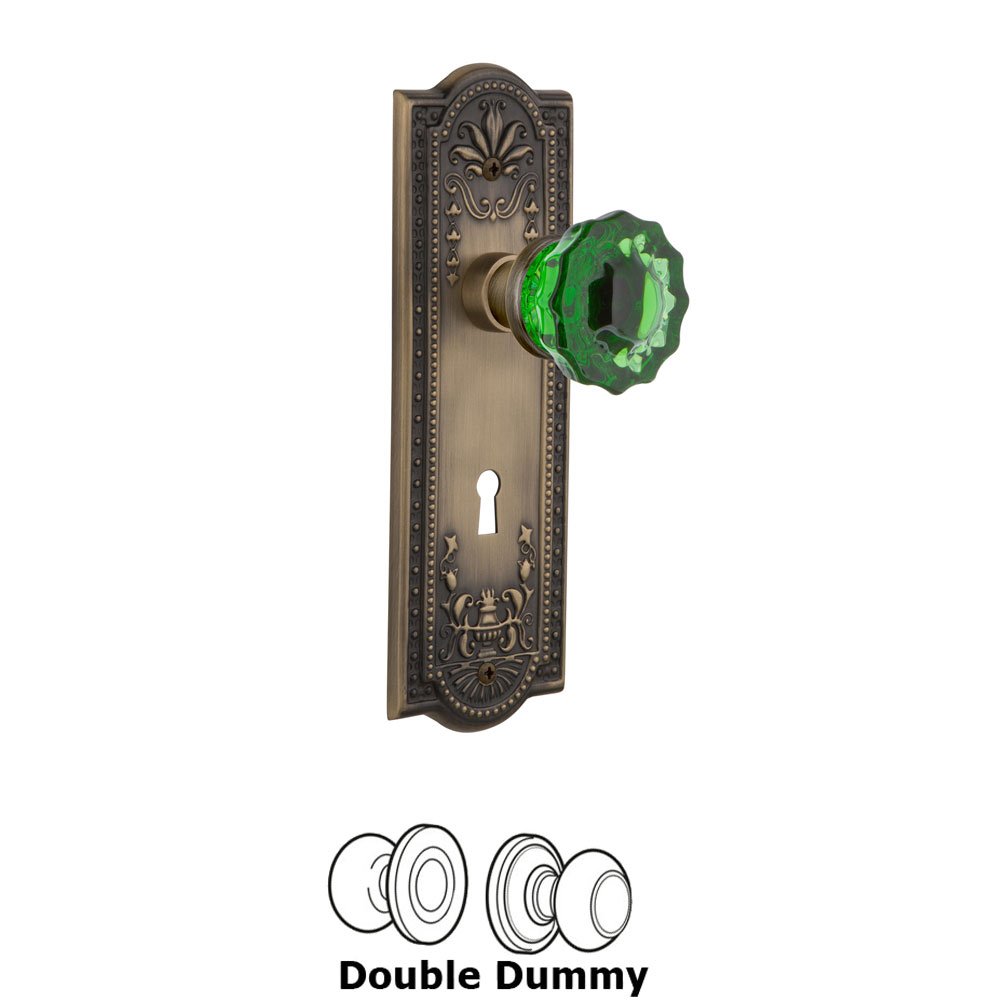 Nostalgic Warehouse - Double Dummy - Meadows Plate with Keyhole Crystal Emerald Glass Door Knob in Antique Brass