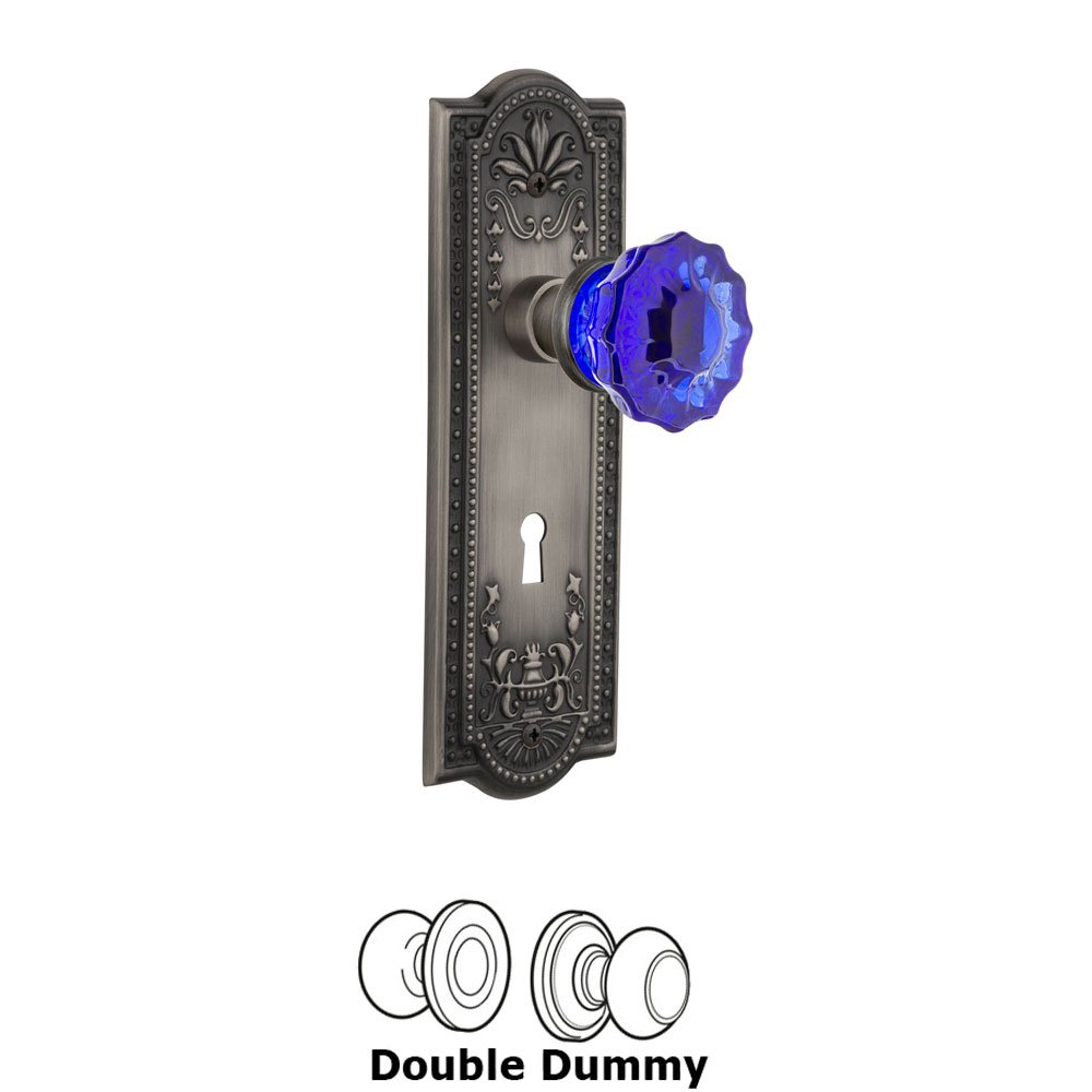 Nostalgic Warehouse - Double Dummy - Meadows Plate with Keyhole Crystal Cobalt Glass Door Knob in Antique Pewter