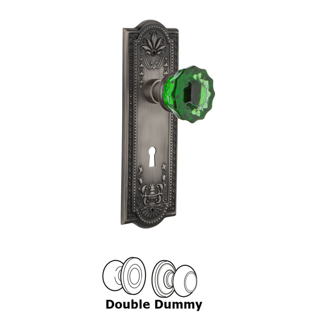 Nostalgic Warehouse - Double Dummy - Meadows Plate with Keyhole Crystal Emerald Glass Door Knob in Antique Pewter