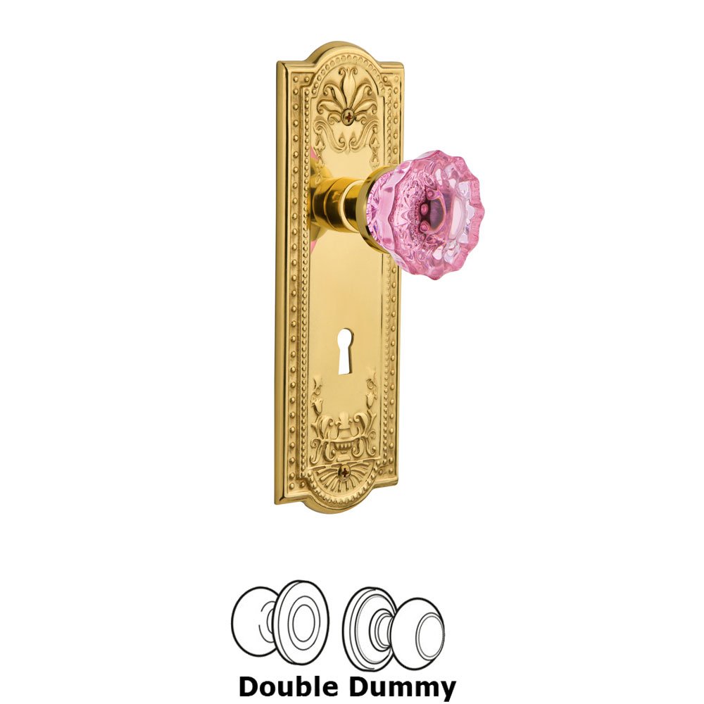 Nostalgic Warehouse - Double Dummy - Meadows Plate with Keyhole Crystal Pink Glass Door Knob in Polished Brass