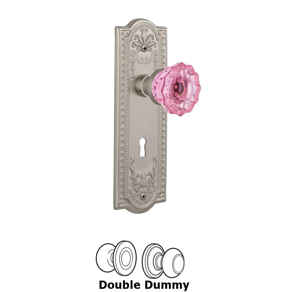 Nostalgic Warehouse - Double Dummy - Meadows Plate with Keyhole Crystal Pink Glass Door Knob in Satin Nickel