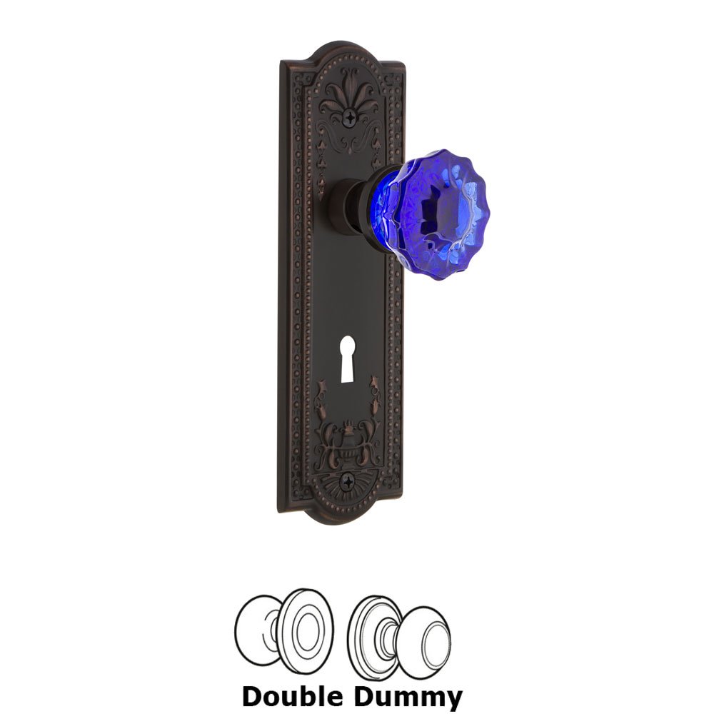Nostalgic Warehouse - Double Dummy - Meadows Plate with Keyhole Crystal Cobalt Glass Door Knob in Timeless Bronze