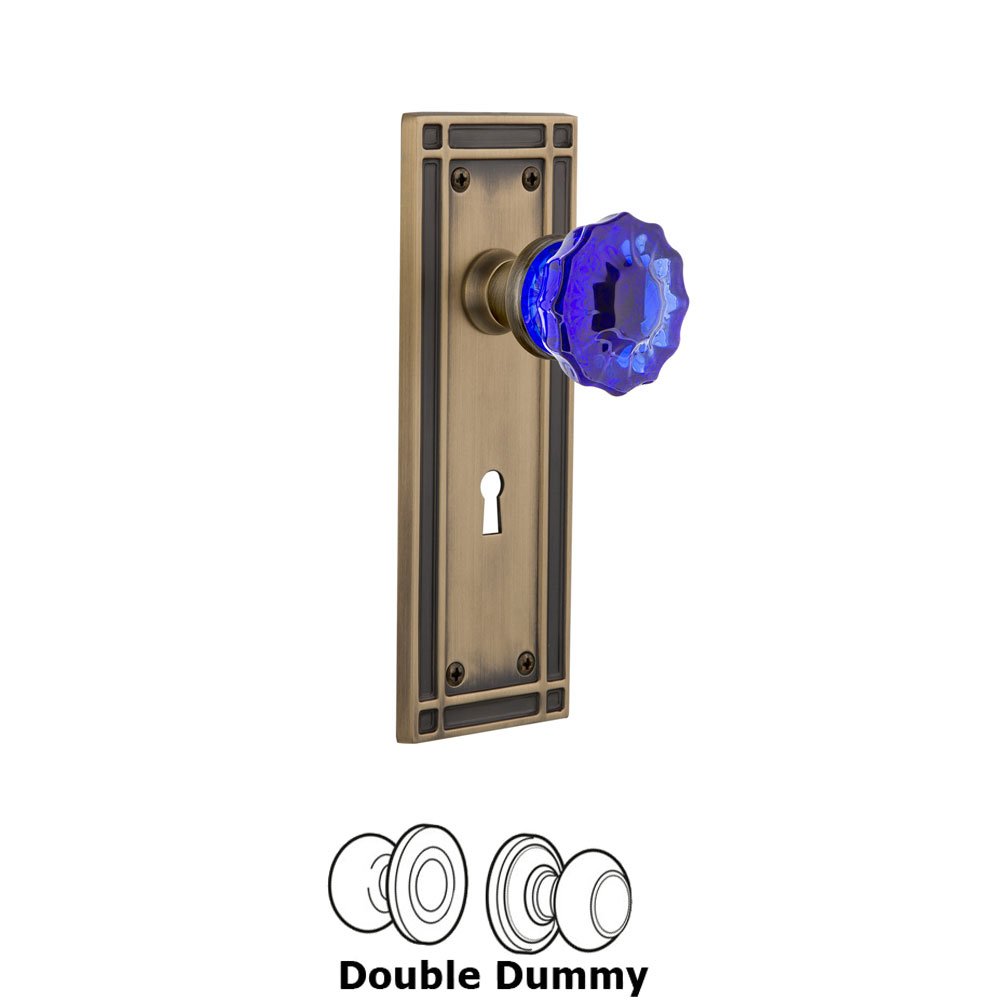 Nostalgic Warehouse - Double Dummy - Mission Plate with Keyhole Crystal Cobalt Glass Door Knob in Antique Brass