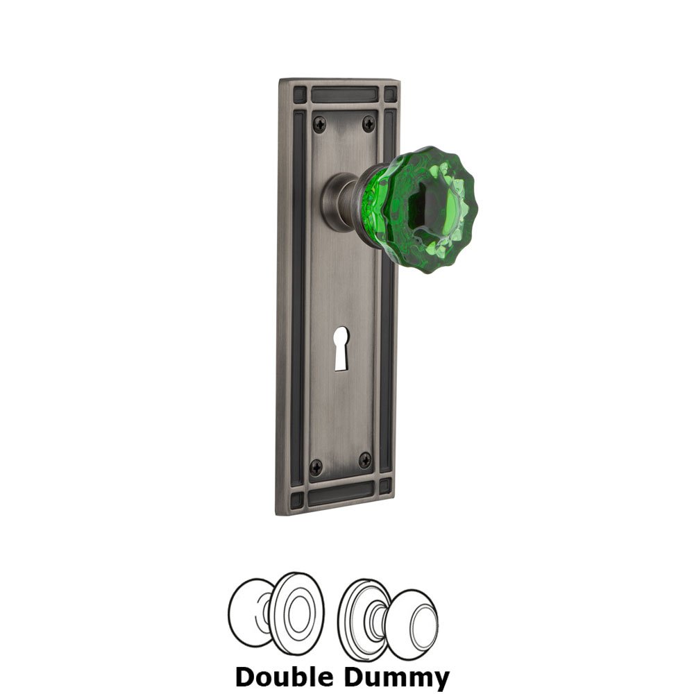 Nostalgic Warehouse - Double Dummy - Mission Plate with Keyhole Crystal Emerald Glass Door Knob in Antique Pewter