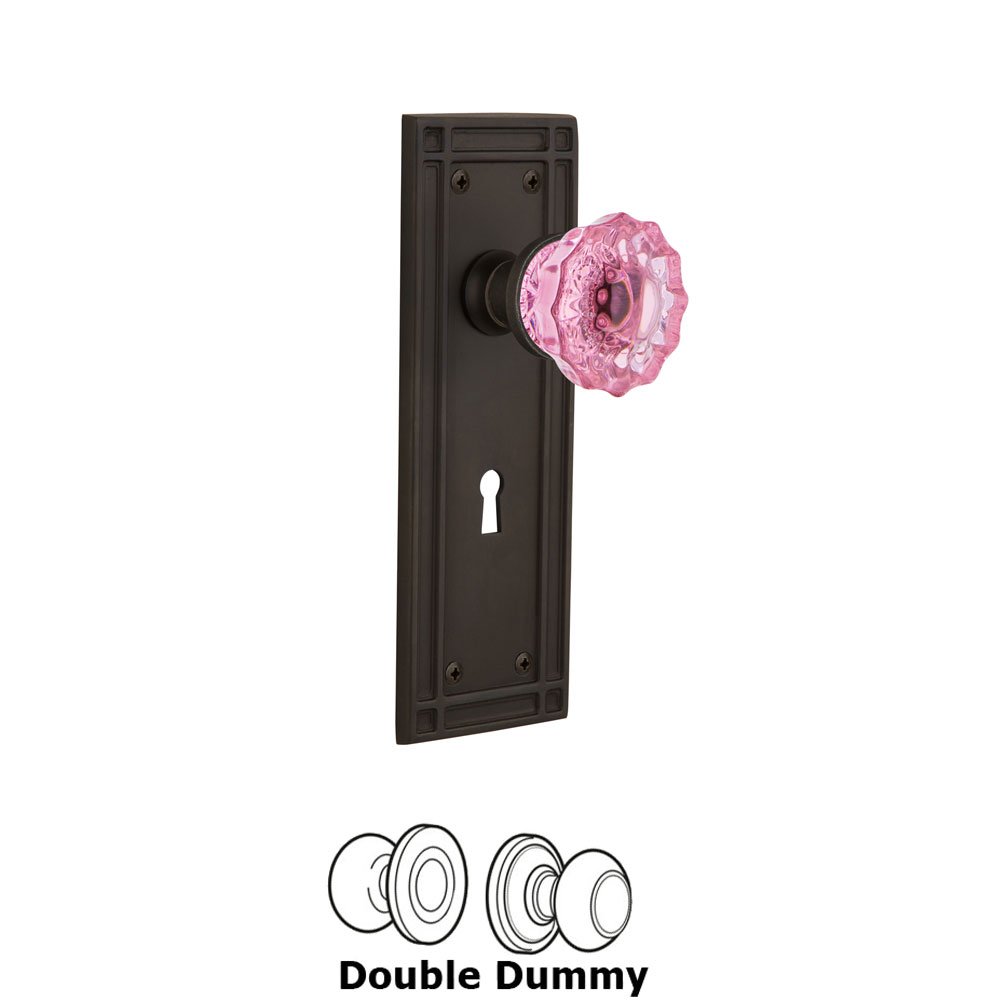 Nostalgic Warehouse - Double Dummy - Mission Plate with Keyhole Crystal Pink Glass Door Knob in Oil-Rubbed Bronze