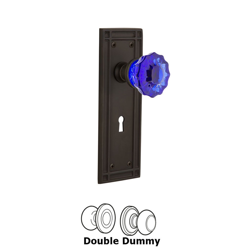 Nostalgic Warehouse - Double Dummy - Mission Plate with Keyhole Crystal Cobalt Glass Door Knob in Oil-Rubbed Bronze