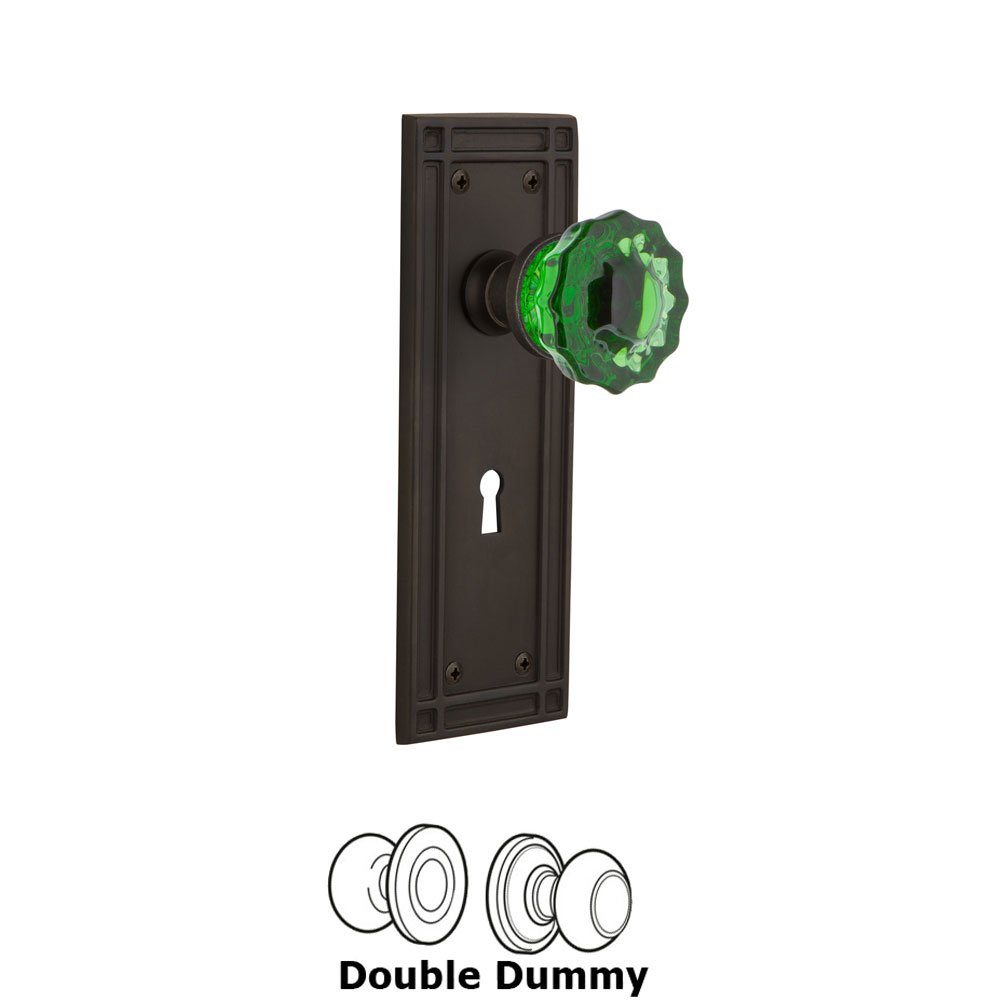Nostalgic Warehouse - Double Dummy - Mission Plate with Keyhole Crystal Emerald Glass Door Knob in Oil-Rubbed Bronze