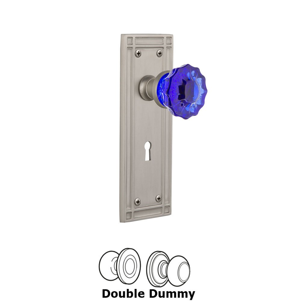 Nostalgic Warehouse - Double Dummy - Mission Plate with Keyhole Crystal Cobalt Glass Door Knob in Satin Nickel
