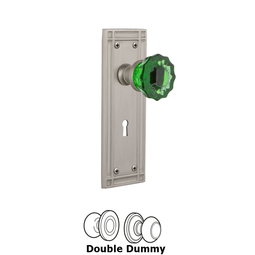 Nostalgic Warehouse - Double Dummy - Mission Plate with Keyhole Crystal Emerald Glass Door Knob in Satin Nickel