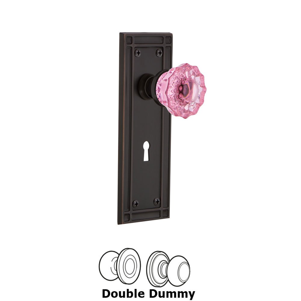 Nostalgic Warehouse - Double Dummy - Mission Plate with Keyhole Crystal Pink Glass Door Knob in Timeless Bronze