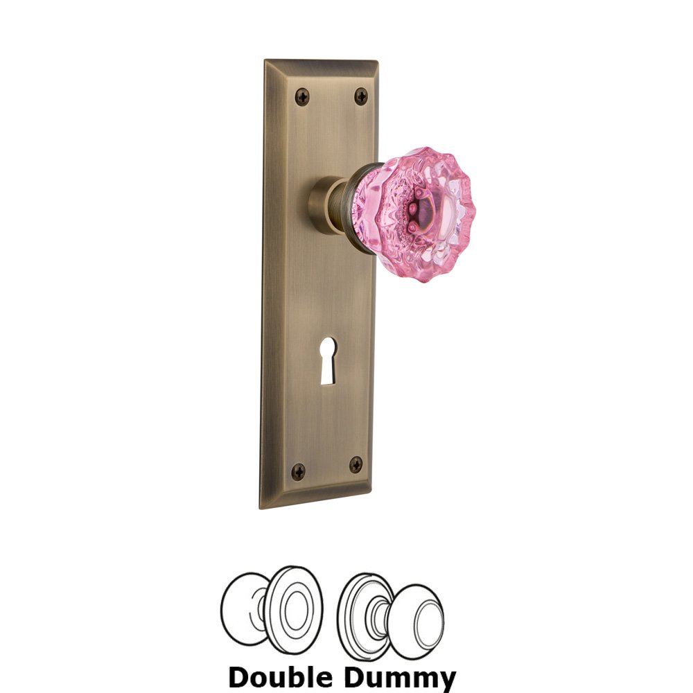 Nostalgic Warehouse - Double Dummy - New York Plate with Keyhole Crystal Pink Glass Door Knob in Antique Brass
