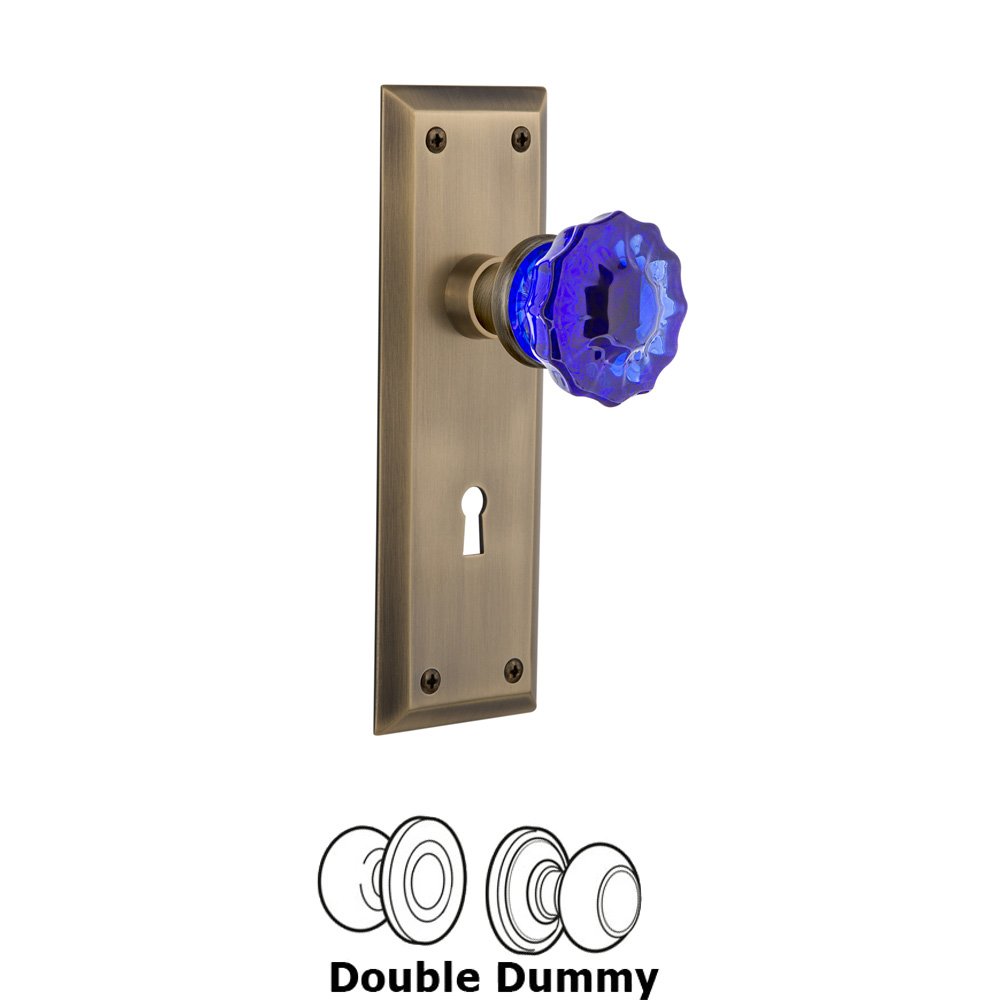 Nostalgic Warehouse - Double Dummy - New York Plate with Keyhole Crystal Cobalt Glass Door Knob in Antique Brass