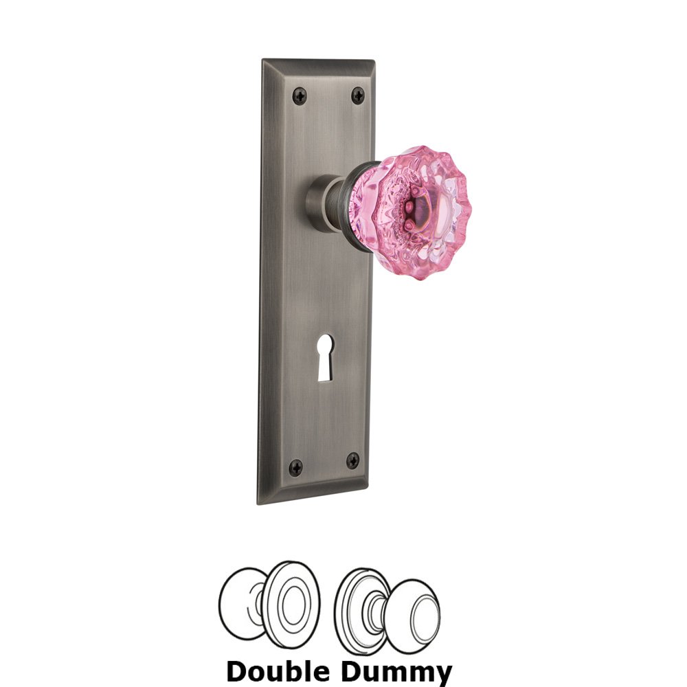 Nostalgic Warehouse - Double Dummy - New York Plate with Keyhole Crystal Pink Glass Door Knob in Antique Pewter