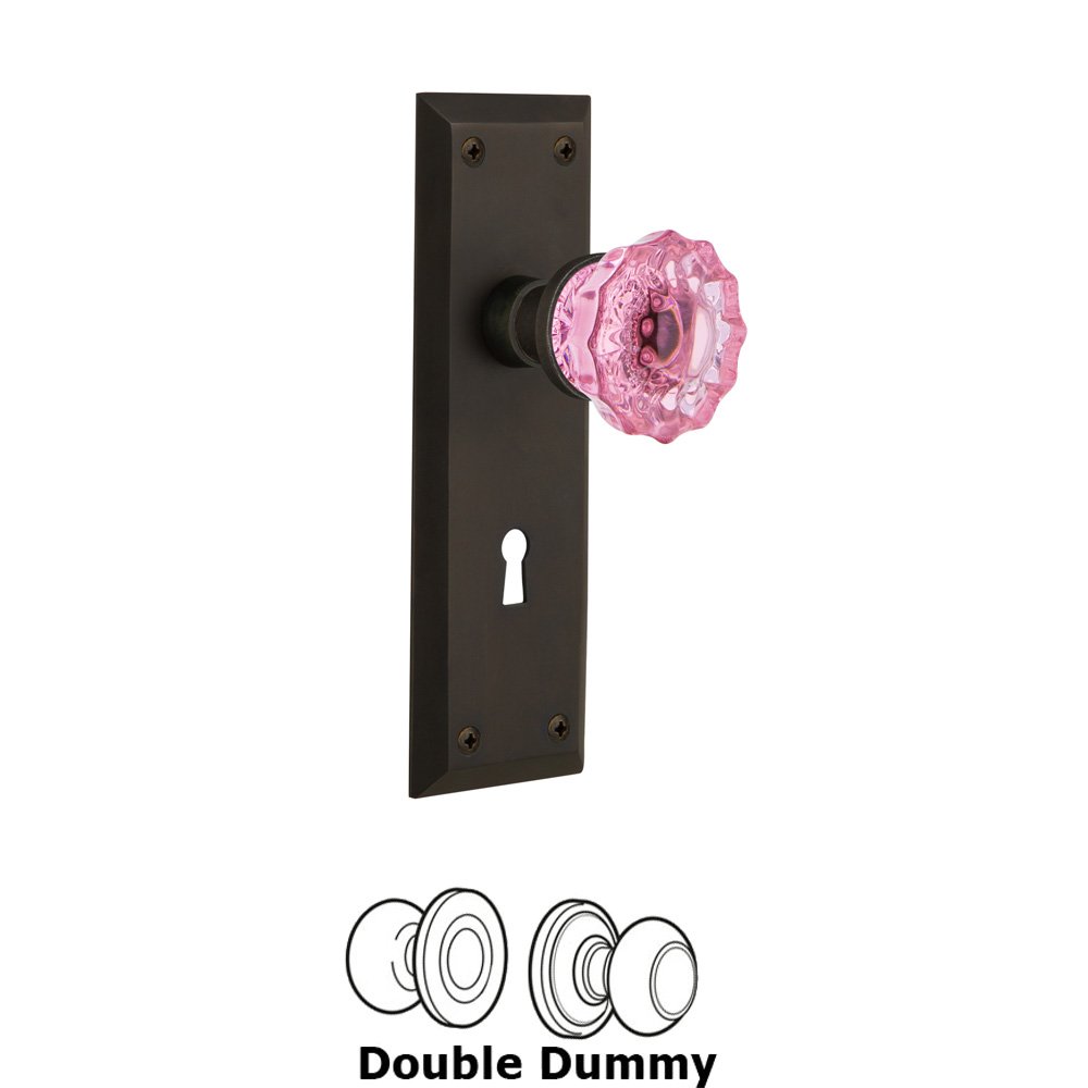 Nostalgic Warehouse - Double Dummy - New York Plate with Keyhole Crystal Pink Glass Door Knob in Oil-Rubbed Bronze