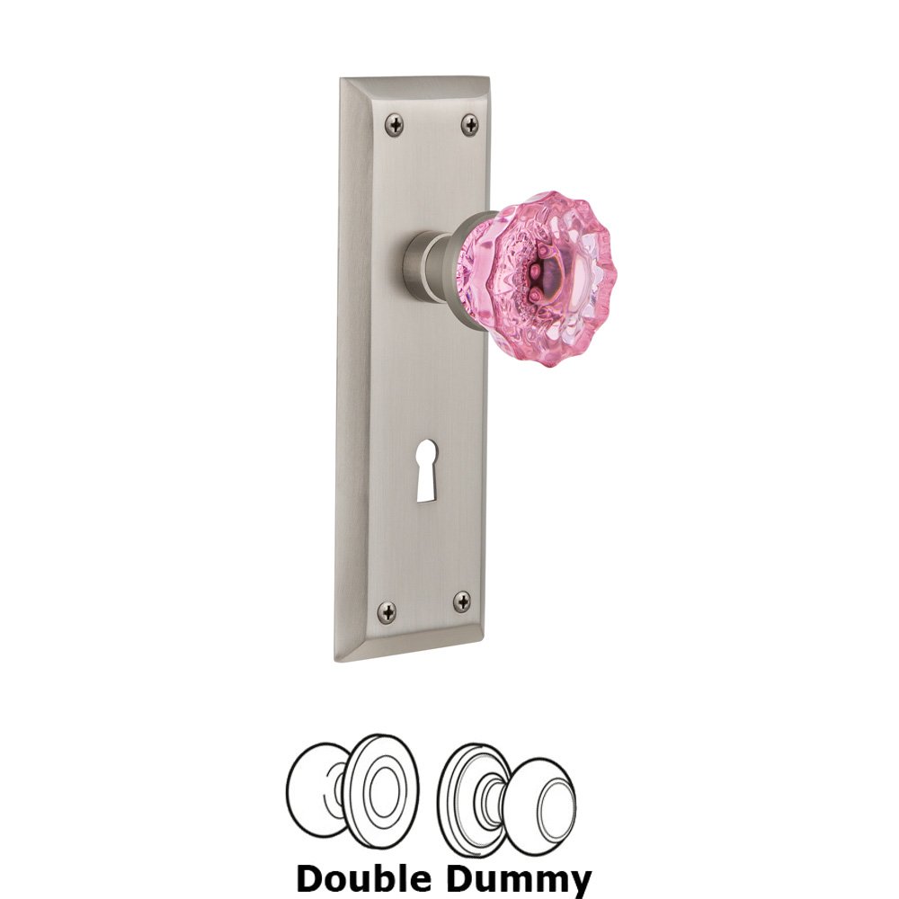 Nostalgic Warehouse - Double Dummy - New York Plate with Keyhole Crystal Pink Glass Door Knob in Satin Nickel