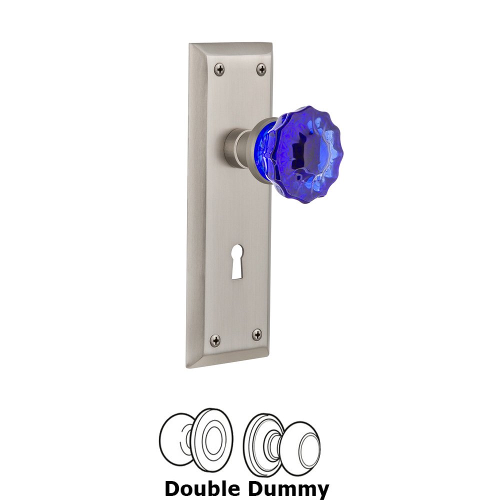Nostalgic Warehouse - Double Dummy - New York Plate with Keyhole Crystal Cobalt Glass Door Knob in Satin Nickel