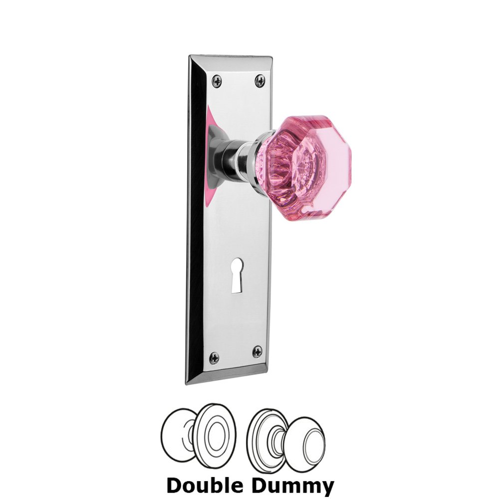 Nostalgic Warehouse - Double Dummy - New York Plate with Keyhole Waldorf Pink Door Knob in Bright Chrome