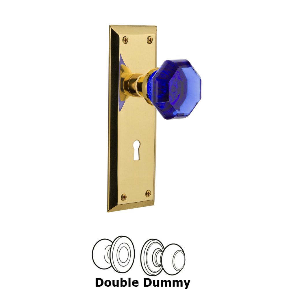Nostalgic Warehouse - Double Dummy - New York Plate with Keyhole Waldorf Cobalt Door Knob in Polished Brass
