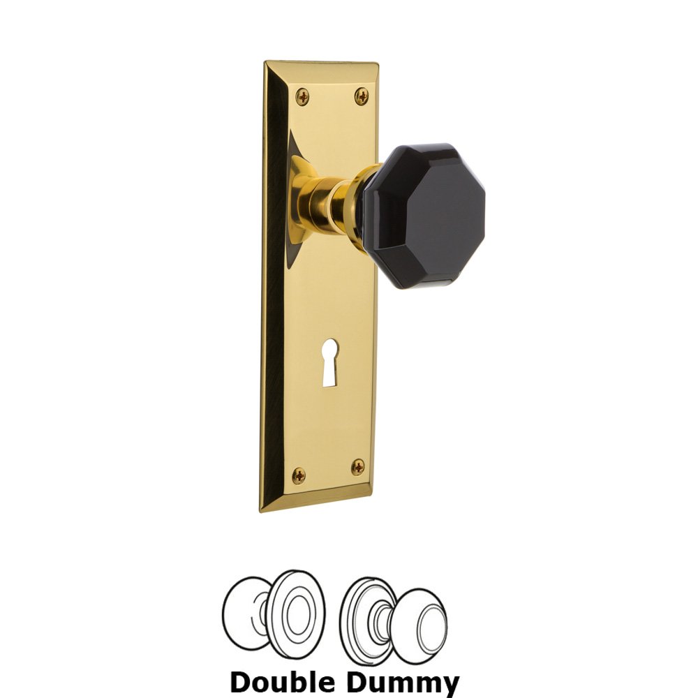 Nostalgic Warehouse - Double Dummy - New York Plate with Keyhole Waldorf Black Door Knob in Polished Brass