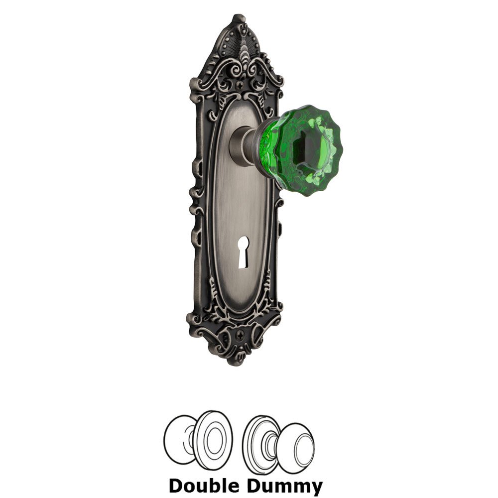 Nostalgic Warehouse - Double Dummy - Victorian Plate with Keyhole Crystal Emerald Glass Door Knob in Antique Pewter